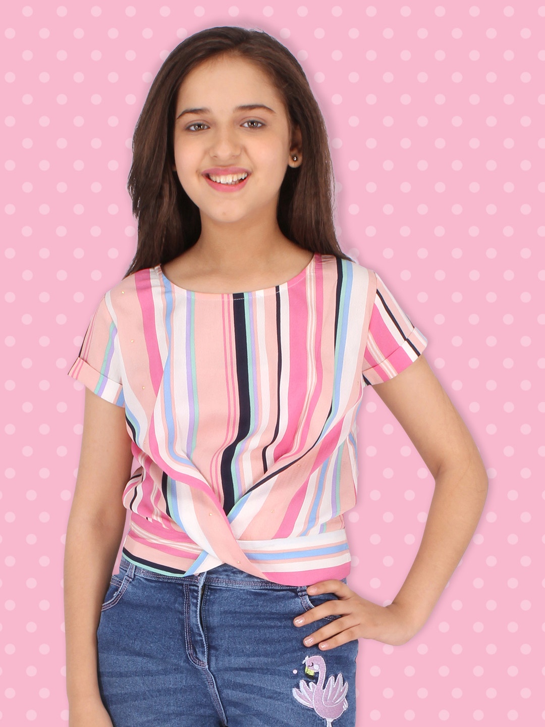 

CUTECUMBER Peach-Coloured Print Applique Georgette Top