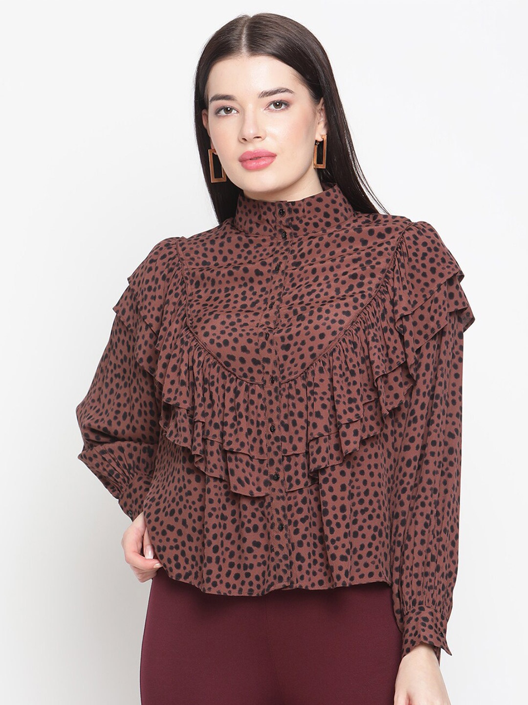 

Amagyaa Brown Floral Print Ruffles Crepe Top