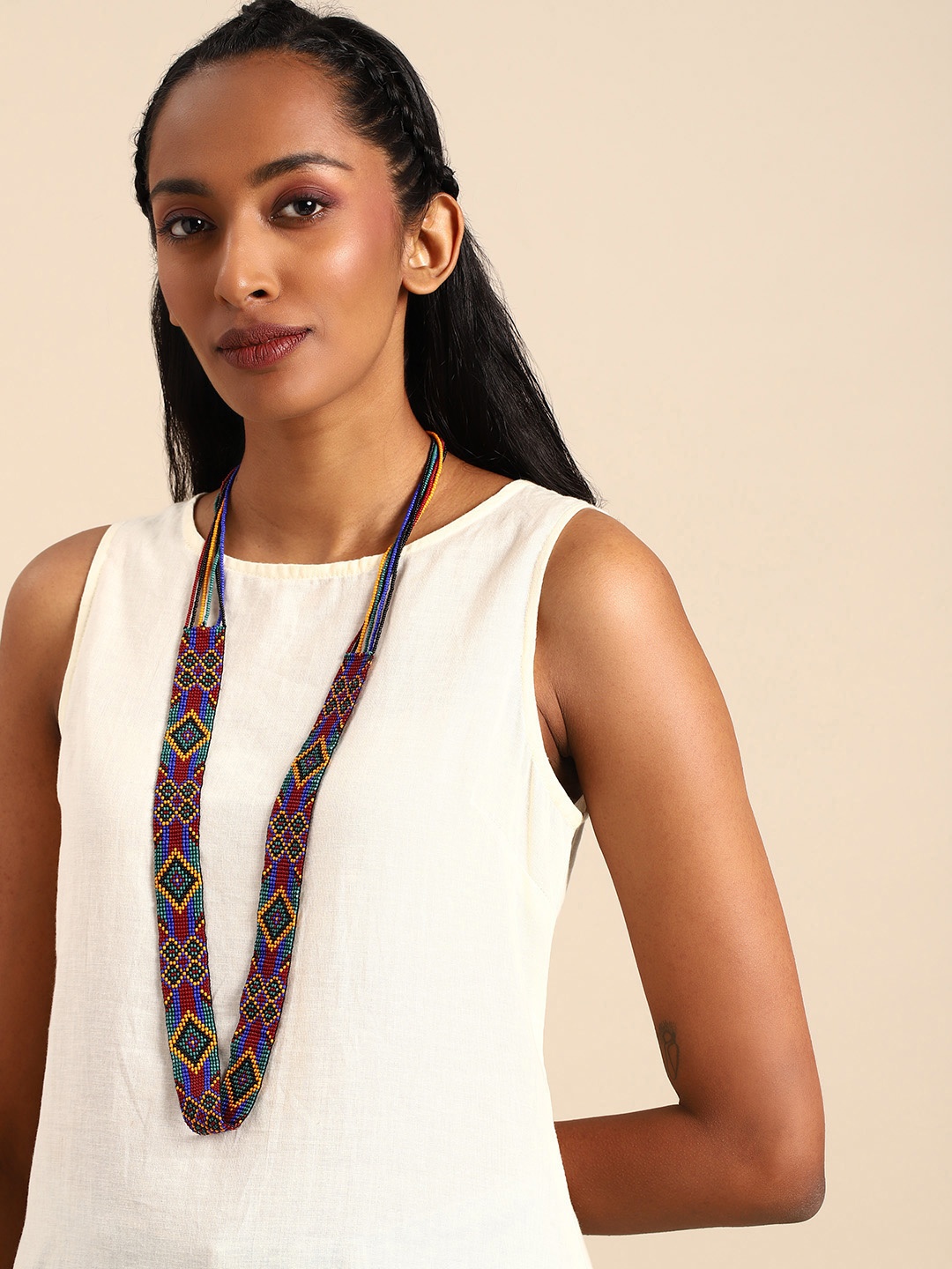 

Taavi Women Artificial Beads Studded Statement Tribal Necklace, Maroon