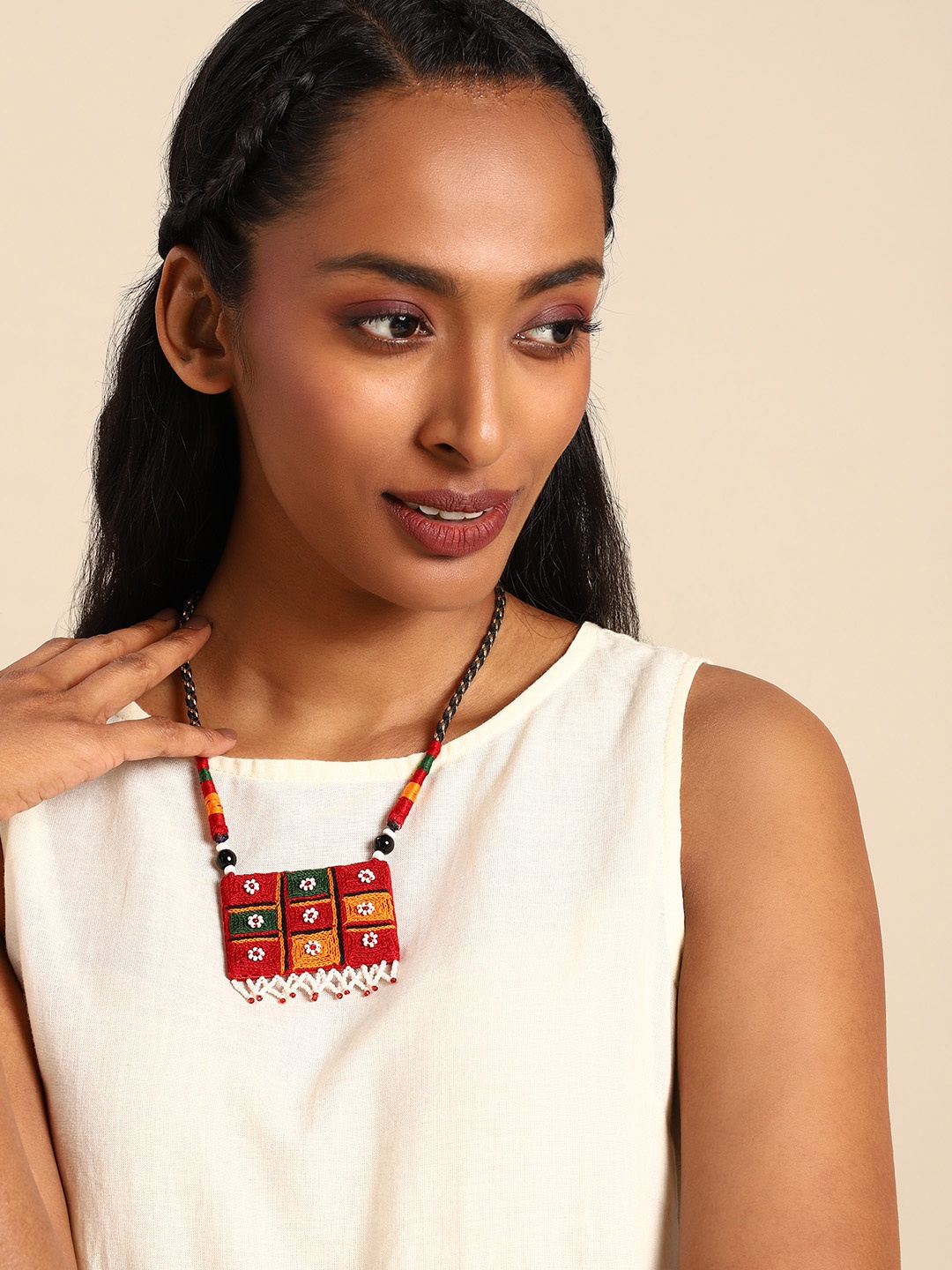 

Taavi Women Thread Work Artificial Beads Studded Statement Necklace, Red
