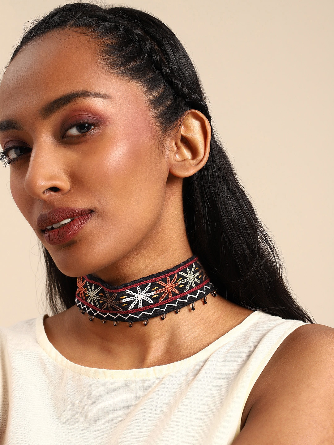 

Taavi Women Thread Work Artificial Beads Studded Statement Choker Necklace, Black