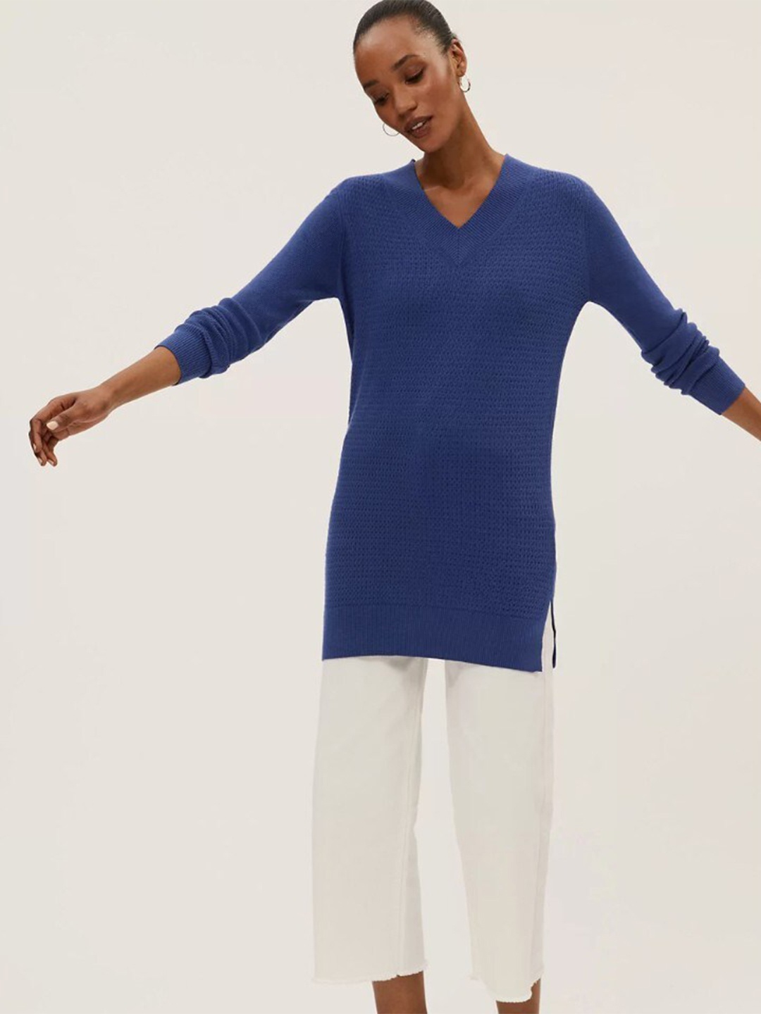 

Marks & Spencer Women Blue Ribbed Longline Pullover