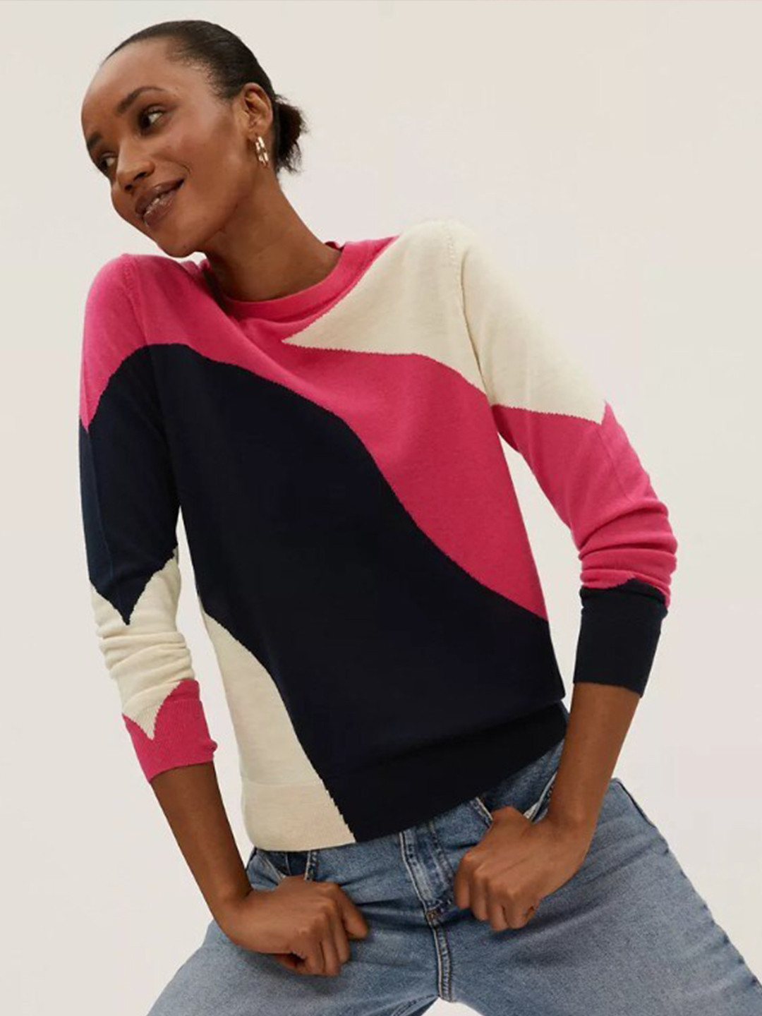 

Marks & Spencer Women Pink & Off White Colourblocked Pullover