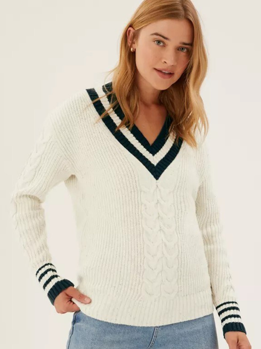 

Marks & Spencer Women Cream-Coloured & Black Cable Knit Pullover