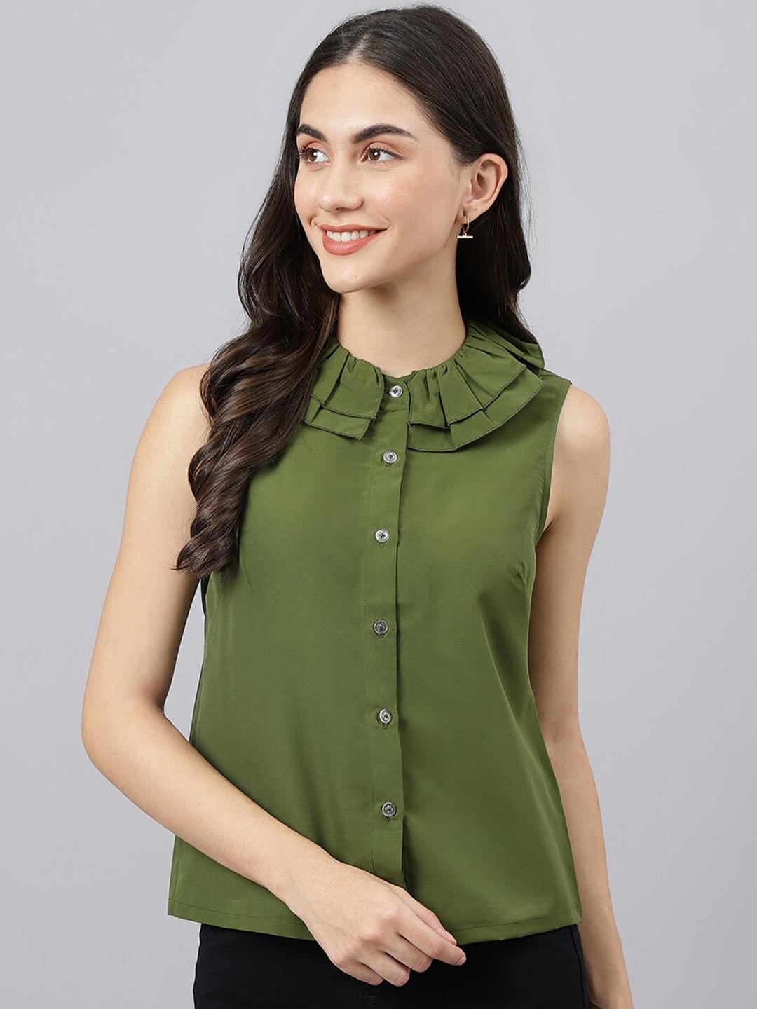 

DEEBACO Women Olive Green Peter Pan Collar Top