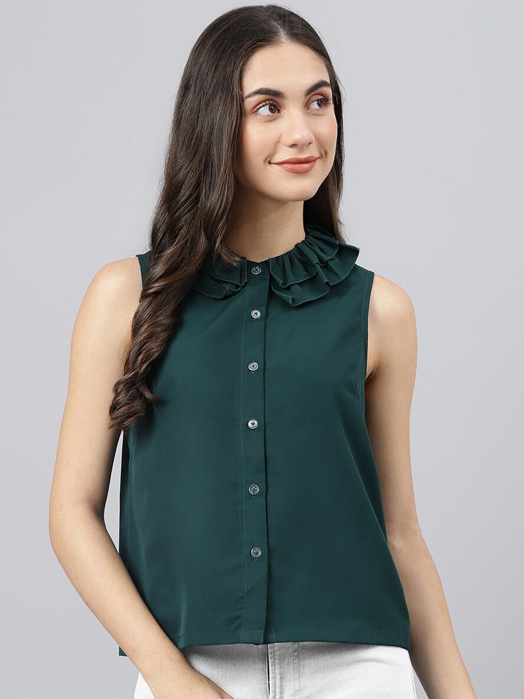 

DEEBACO Women Green Peter Pan Collar Shirt Style Top