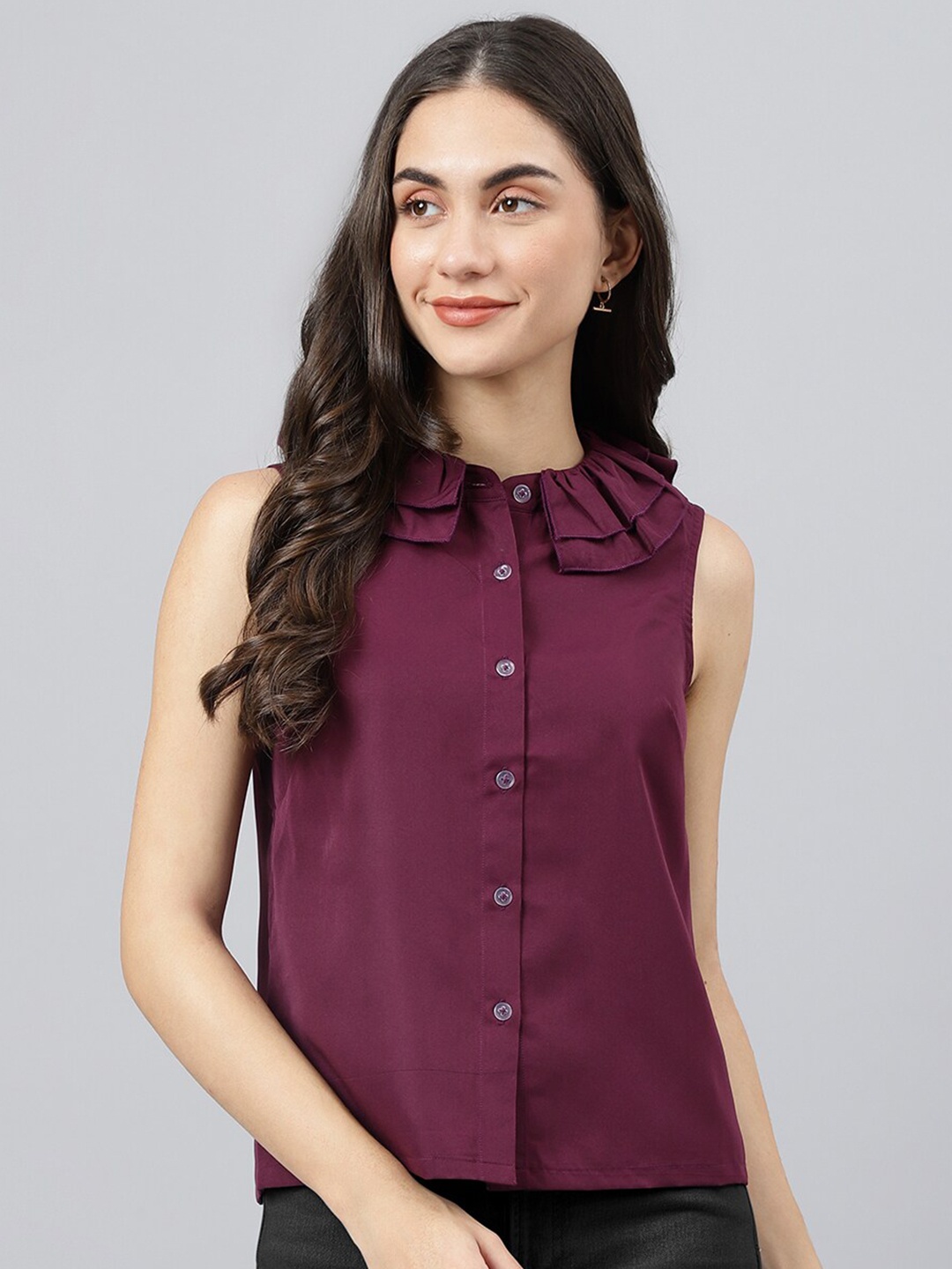 

DEEBACO Women's Maroon Regular Fit Casual Shirt With Ruffled Neckline