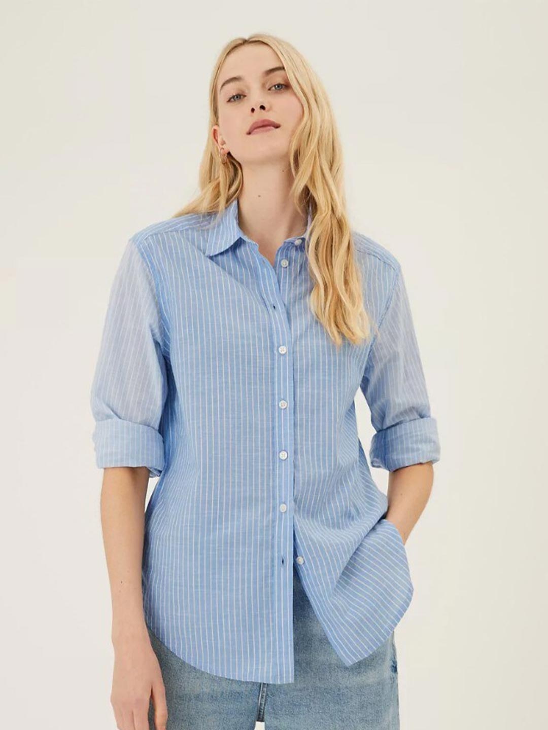 

Marks & Spencer Women Blue Printed Cotton Casual Shirt
