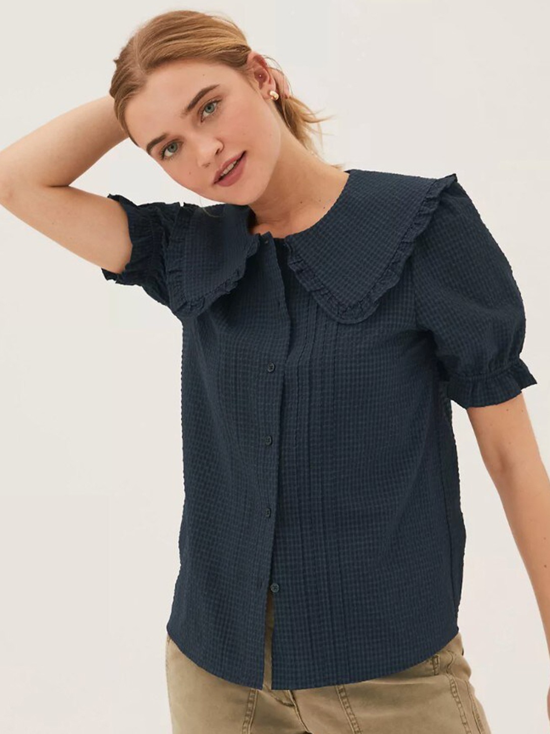 

Marks & Spencer Women Blue Solid Pleated Casual Shirt