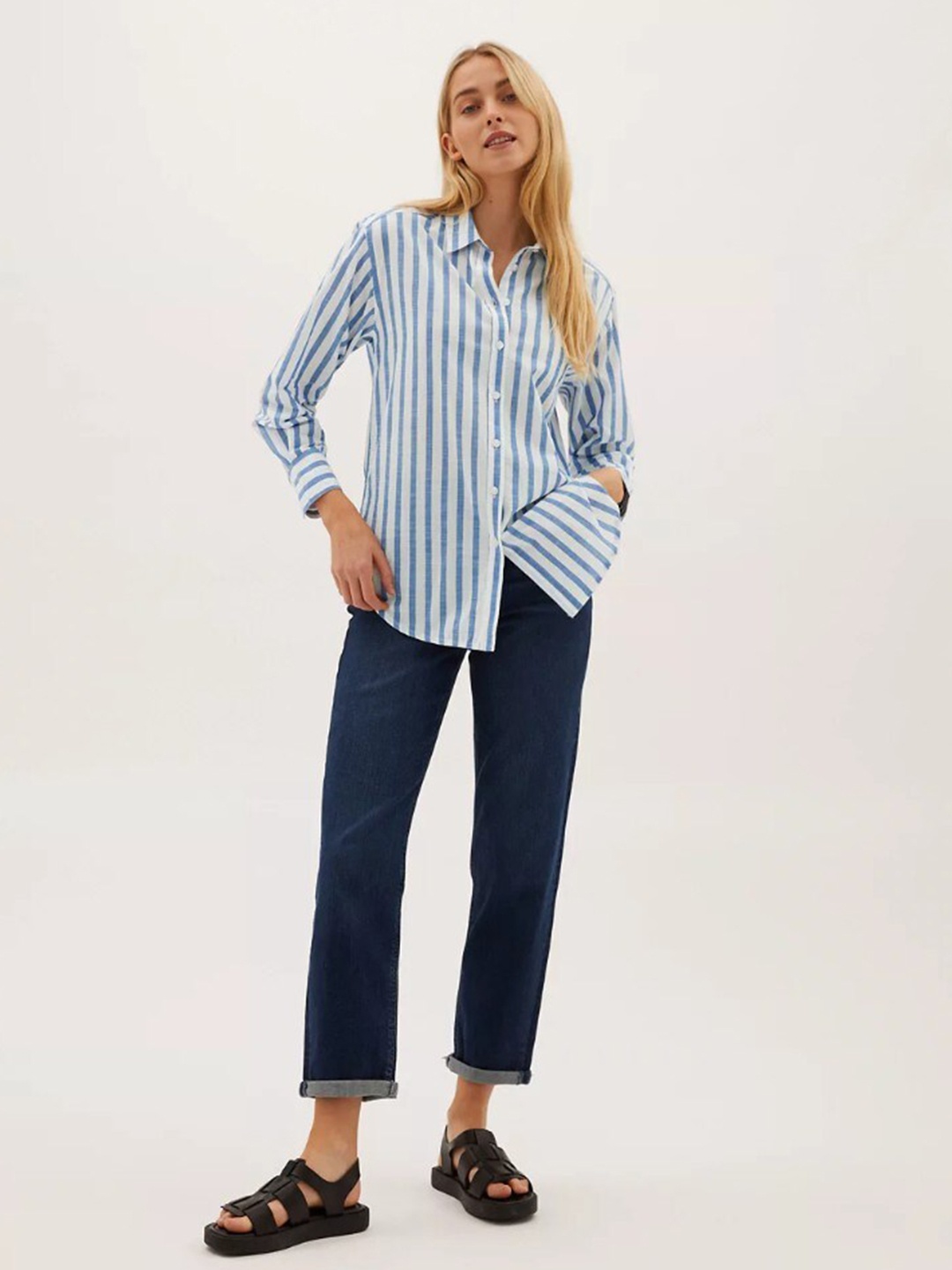 

Marks & Spencer Women Blue & White Striped Regular Fit Cotton Casual Shirt