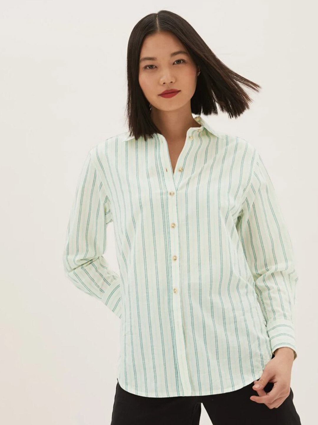 

Marks & Spencer Women Green Pure Collar Striped Casual Shirt