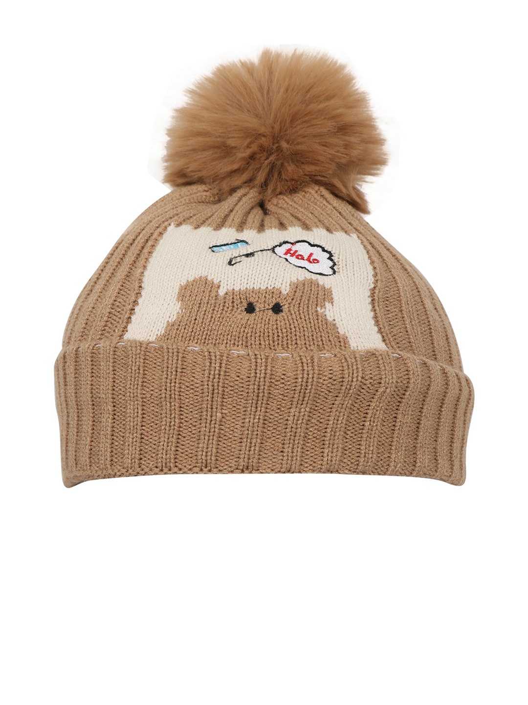 

FabSeasons Unisex Kids Brown & White Embroidered Beanie