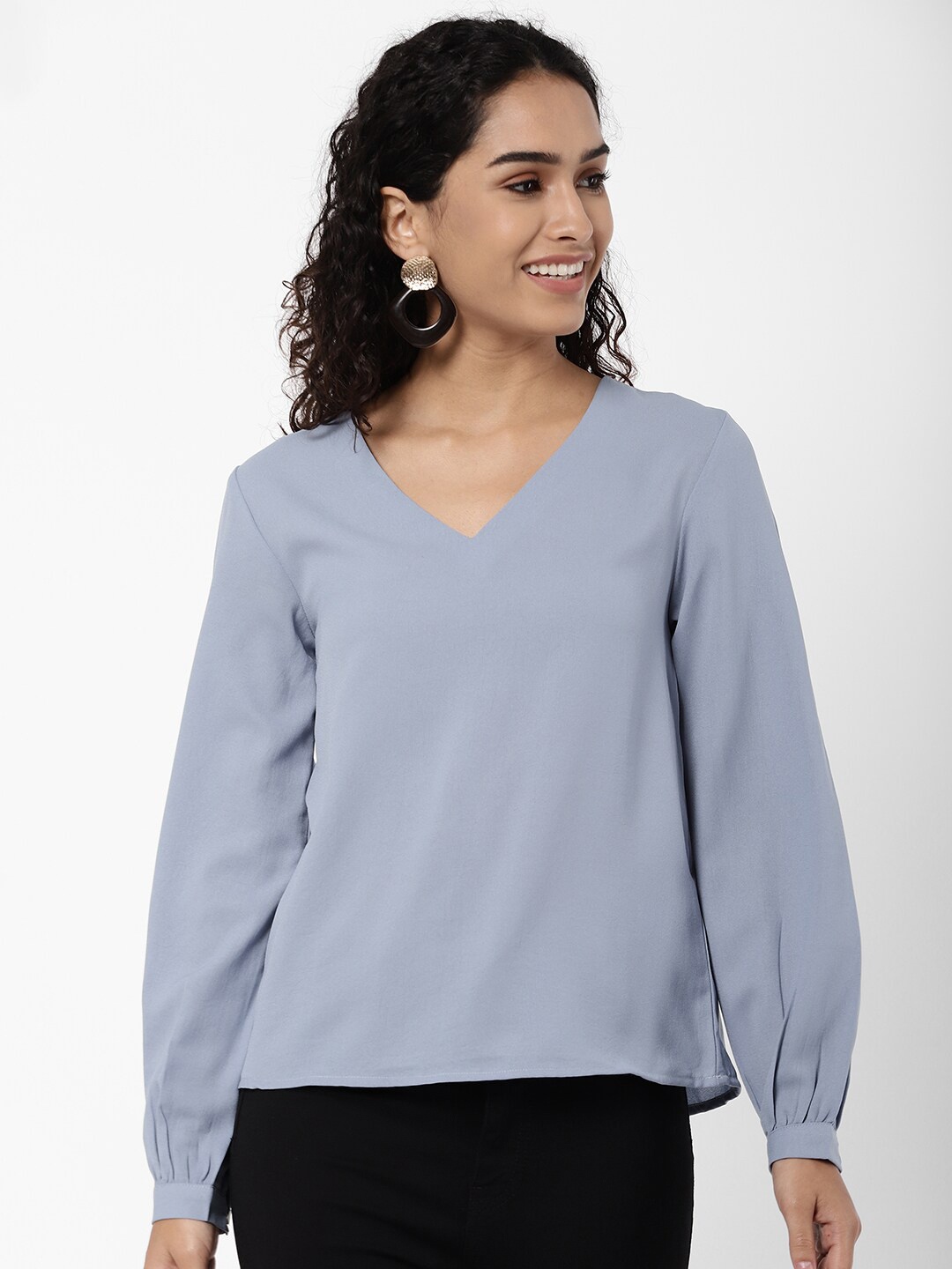 

R&B Women Blue Solid Cuffed Sleeves Top