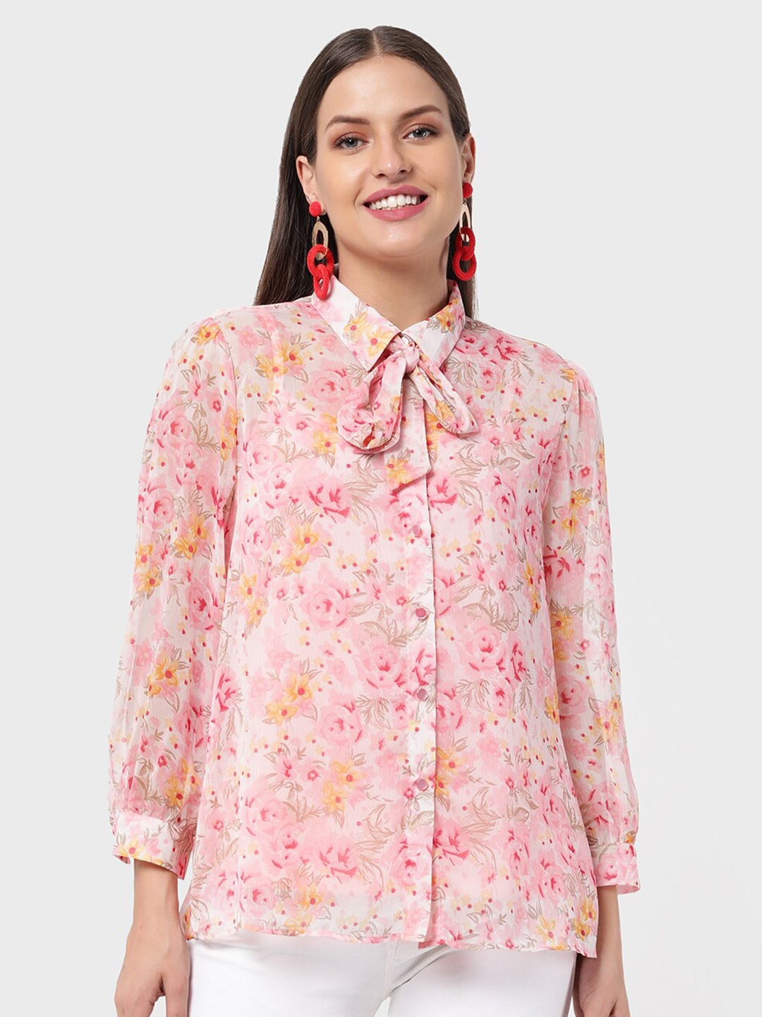 

R&B Pink Floral Print Tie-Up Neck Shirt Style Top