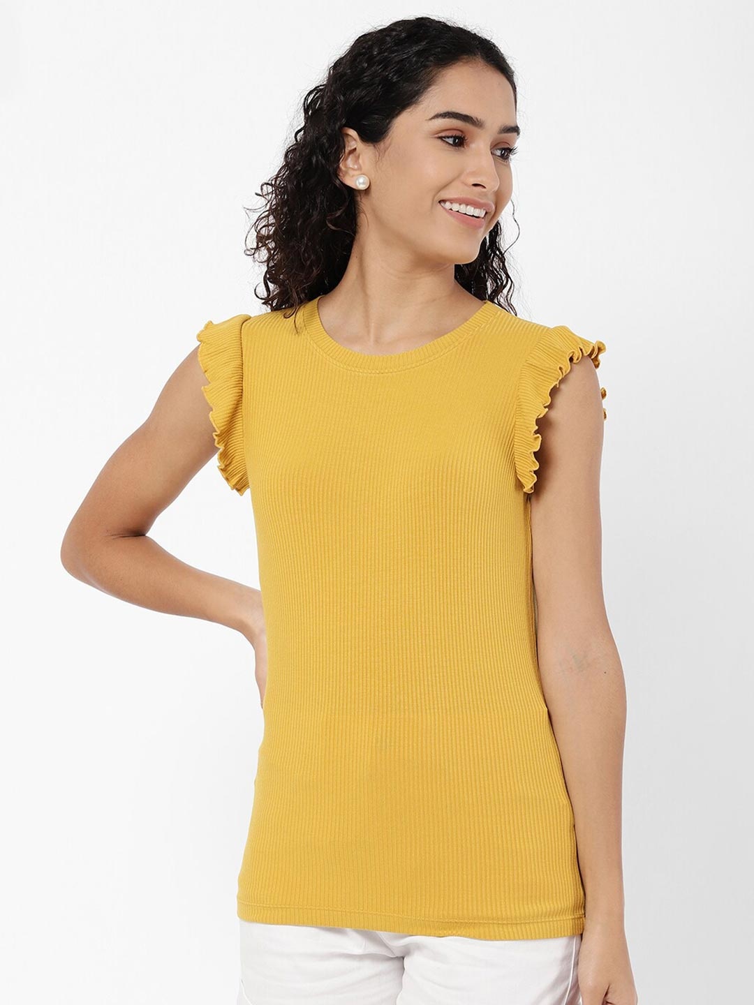 

R&B Yellow Ribbed Short Sleeves Fitted Top