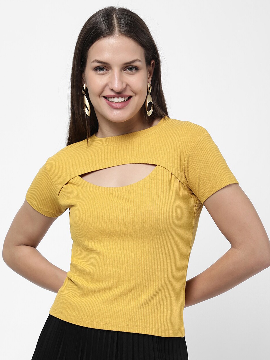 

R&B Women Yellow Self Design Cutout T-Shirt