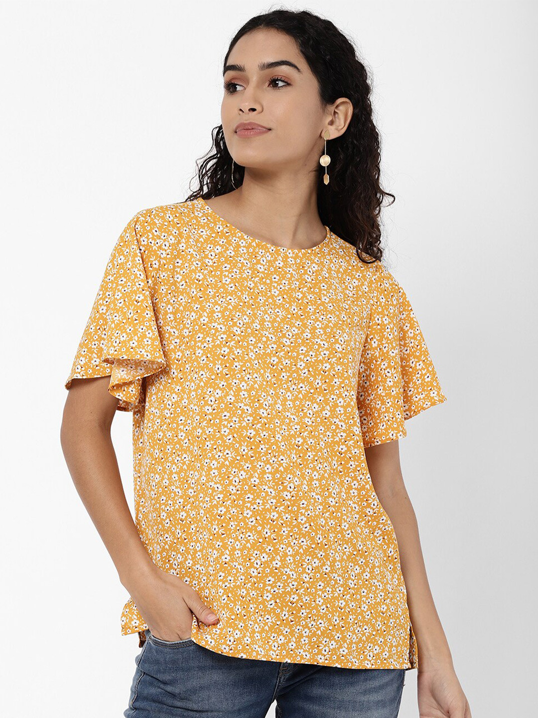

R&B Women Yellow Floral Print Cape Top