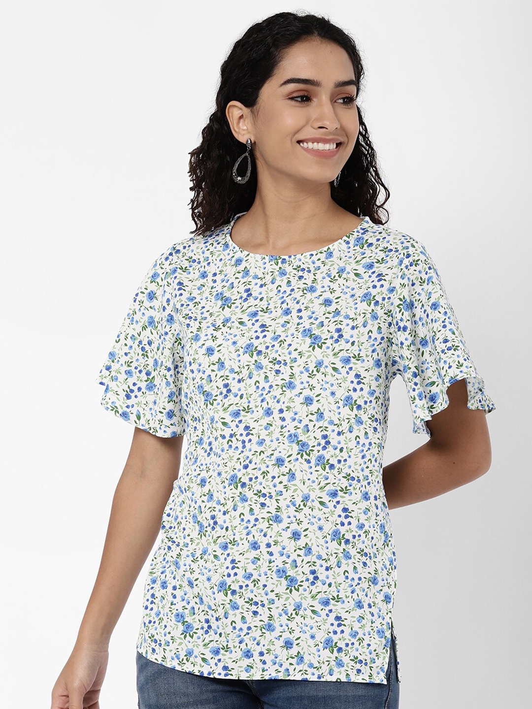 

R&B White Floral Print bell sleeve Top