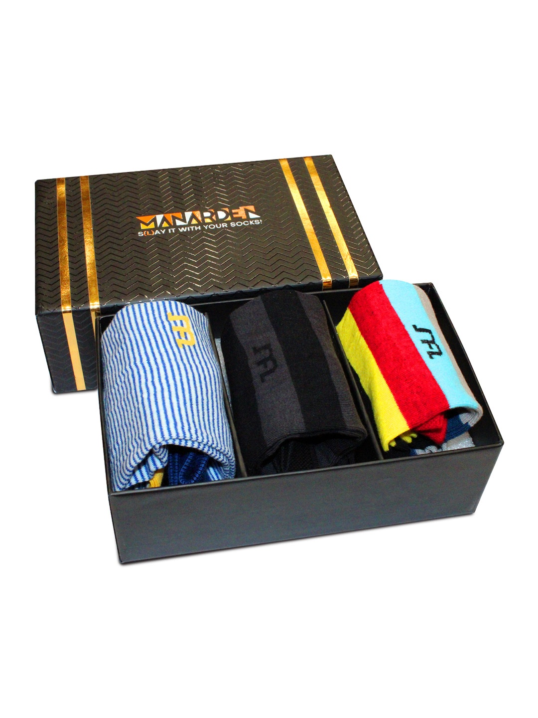 

Man Arden Men Blue & Black Pack Of 3 Striped Cotton Ankle-Length Socks