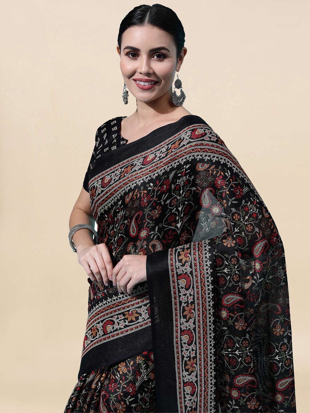 

KALINI Black & Red Floral Jute Silk Ikat Saree
