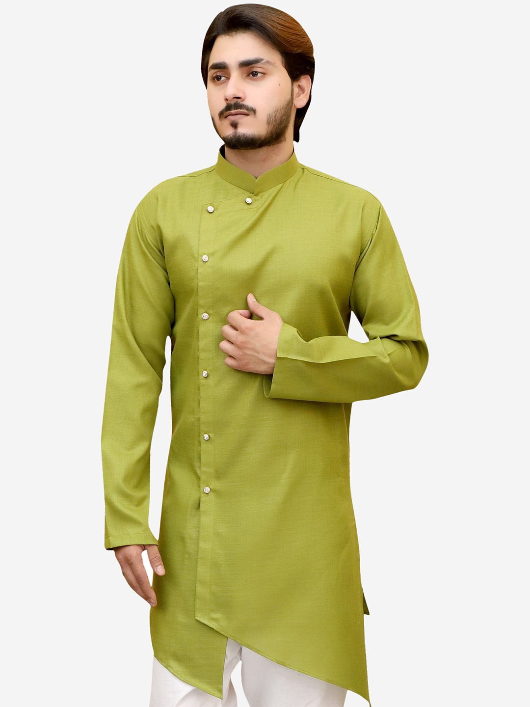 

Tibra Collection Men Olive Solid Asymmetric Green Kurta