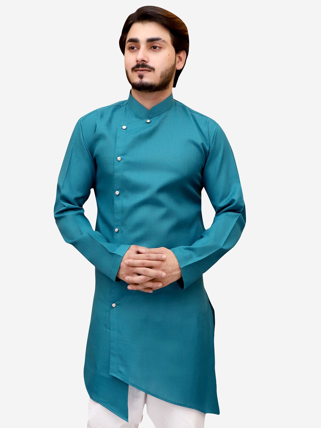 

Tibra Collection Men Teal Mandarian collar Kurta