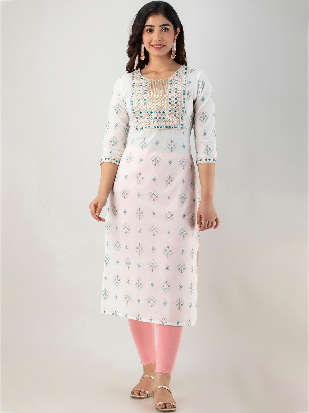 

FASHION DEPTH Women White & Turquoise Blue Geometric Printed Thread Work Kurta