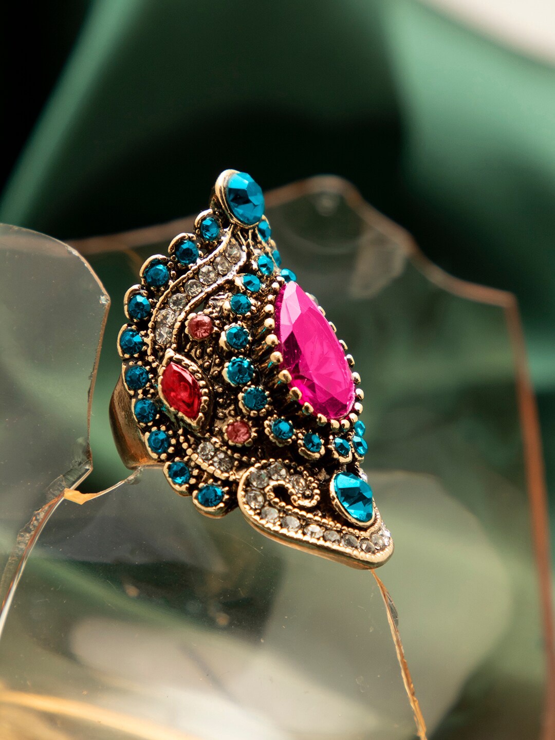 

SOHI Gold-Plated Pink & Blue Stone Studded Ring
