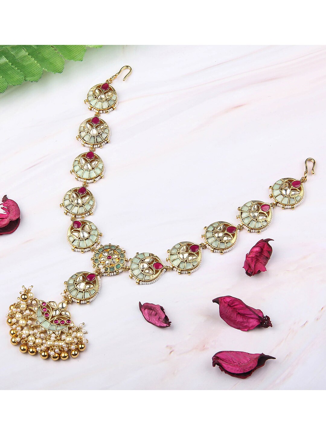 

AURAA TRENDS 22 KT Gold-plated Red Kundan-Studded & Beaded Matha Patti