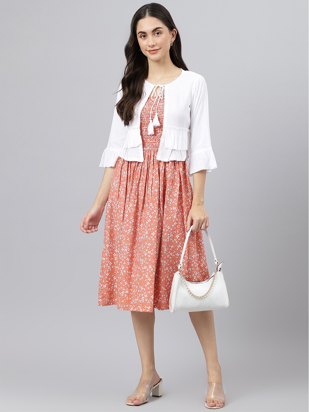 

DEEBACO Orange Floral A-Line Dress With White Shrug