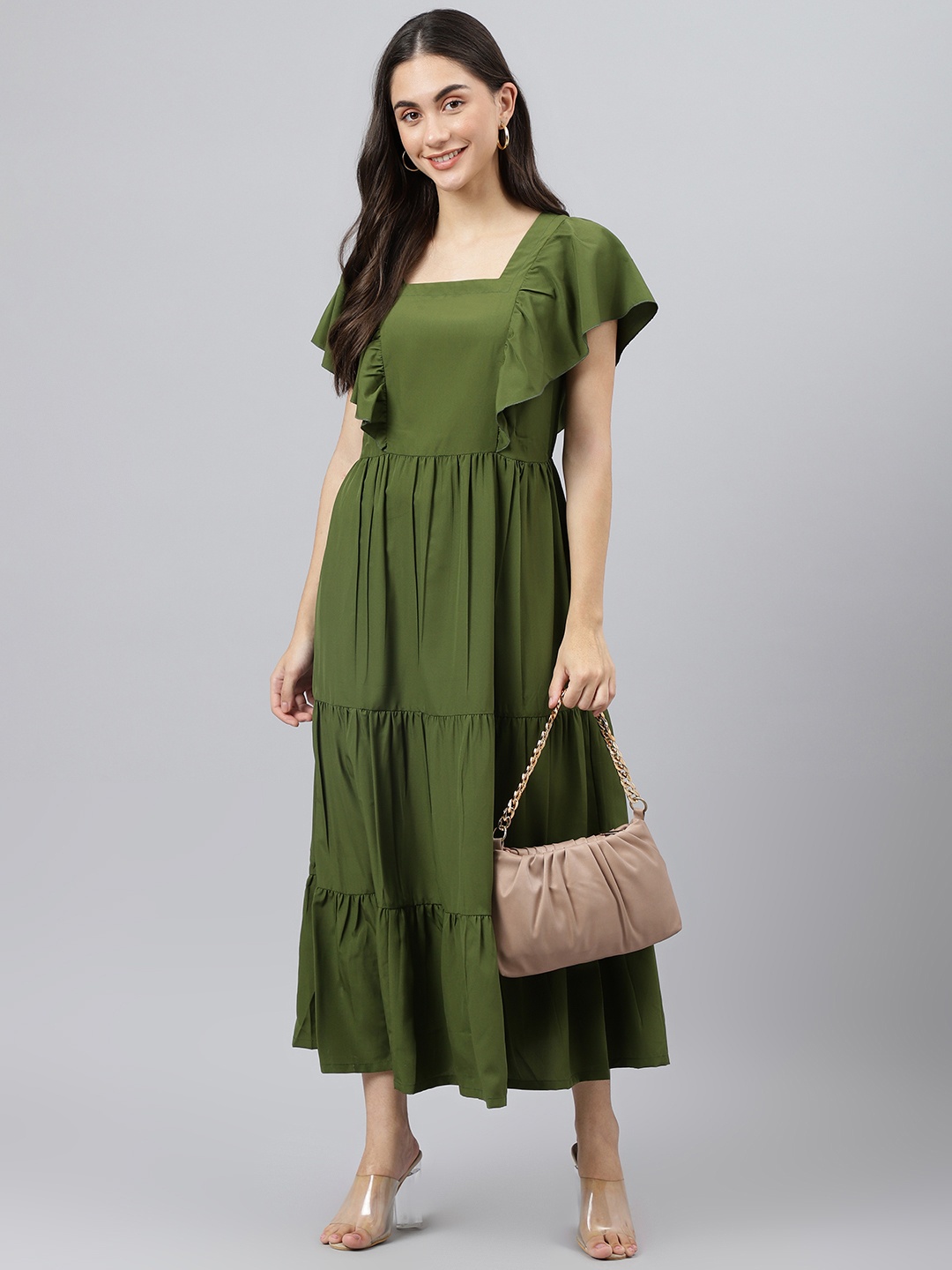 

DEEBACO Women Olive Green Solid Flutter Sleeves Maxi Dress