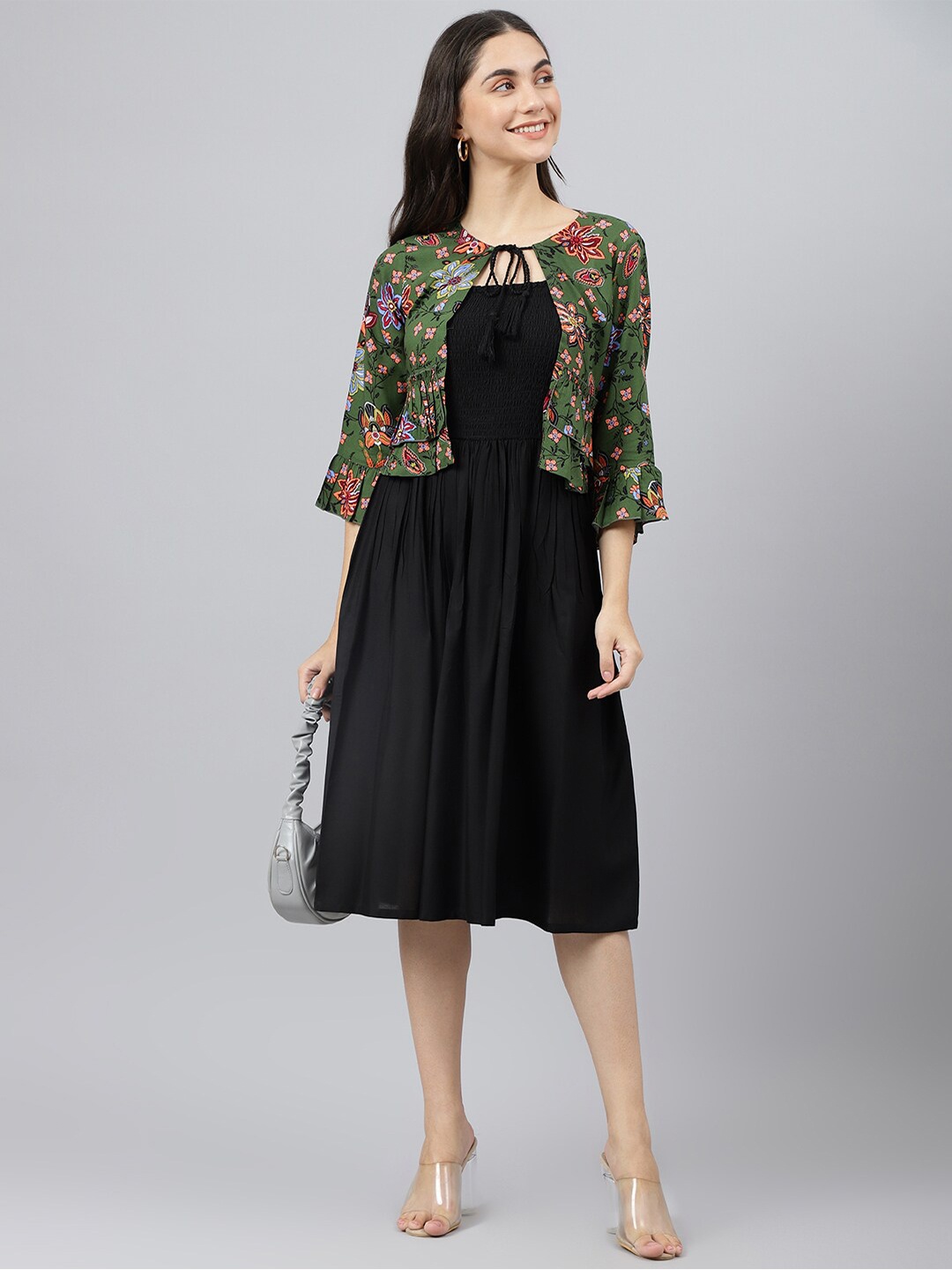 

DEEBACO Black Midi Dress with Floral Print Jacket