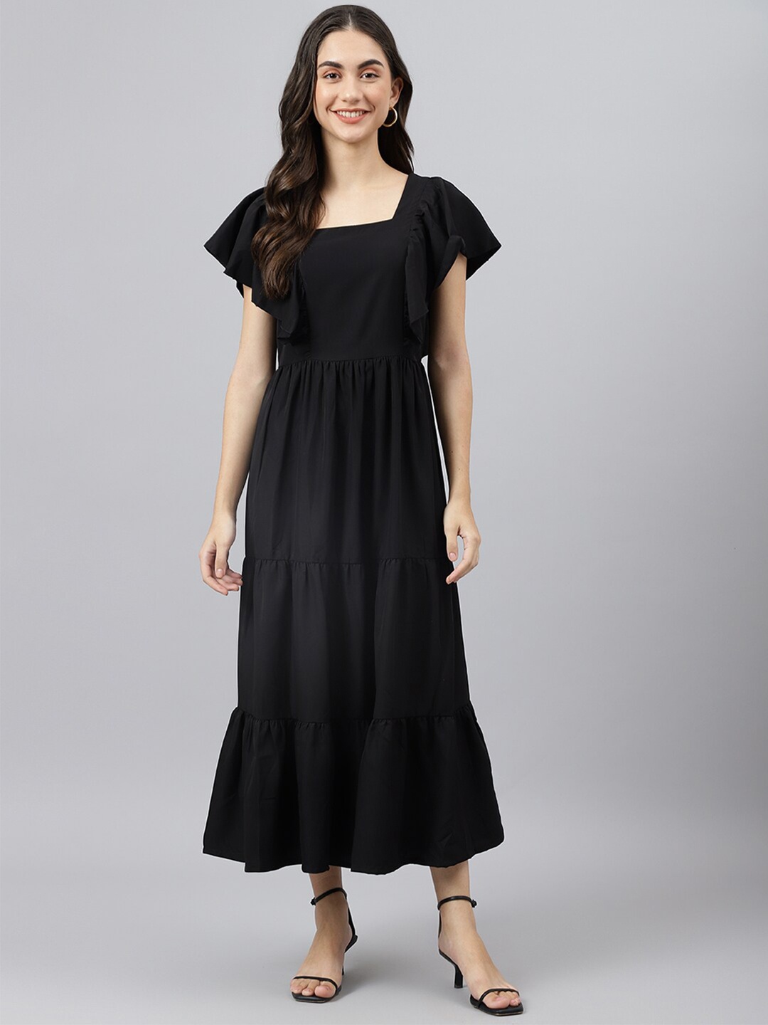 

DEEBACO Women Black Long Tiered Maxi Dress