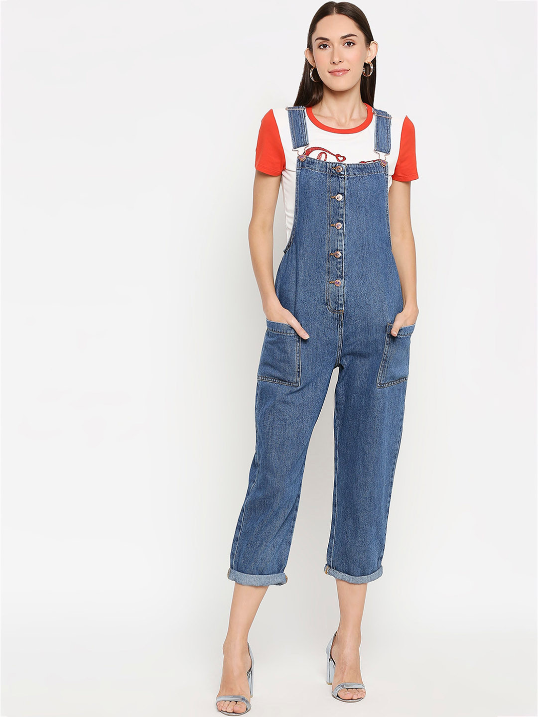 

LOVEGEN Women Blue Solid Straight-Leg Cotton Denim Dungarees