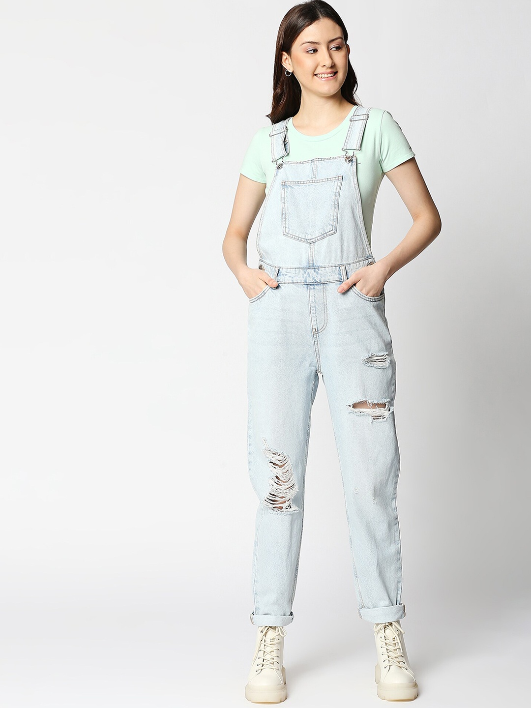 

LOVEGEN Women Blue Solid Slim-Fit Pure Cotton Long Distress Dungaree