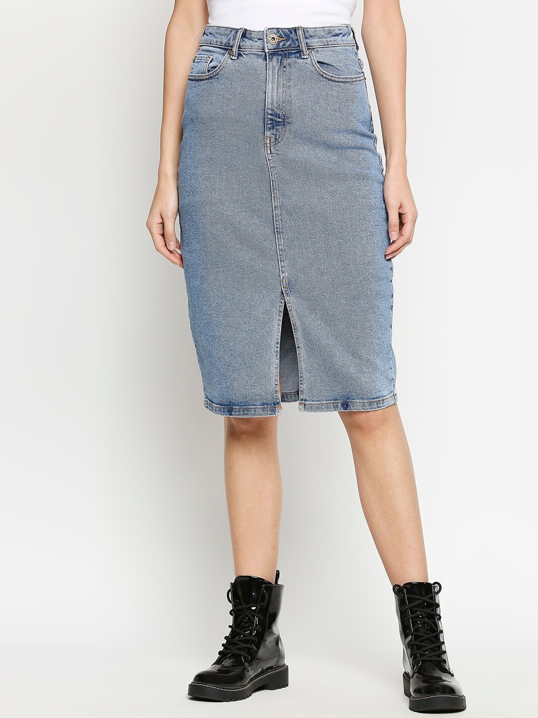 

LOVEGEN Women Blue Solid Midi Straight Skirt