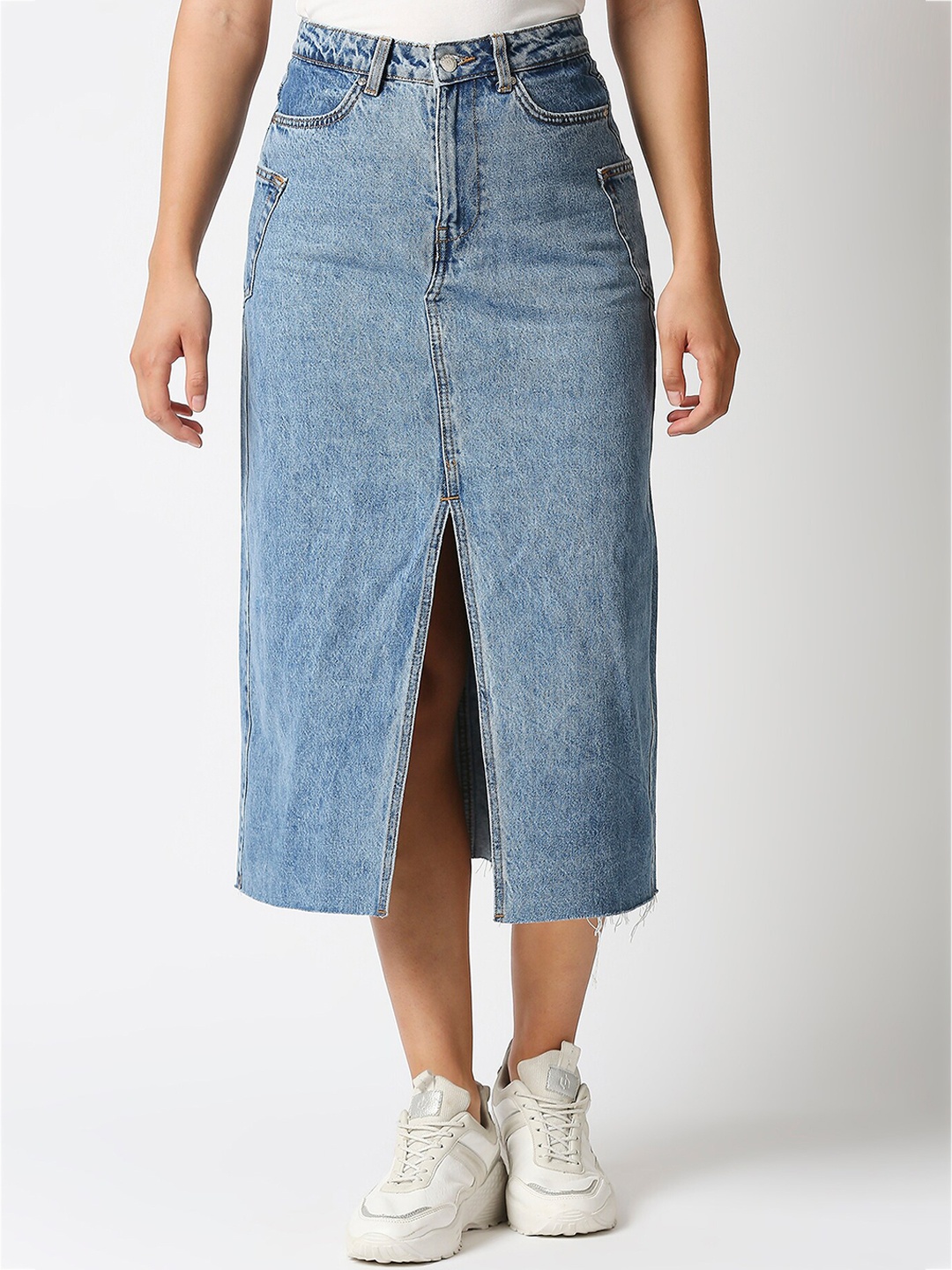 

LOVEGEN Women Blue A -Line Midi Front Slit Pure Cotton Skirt