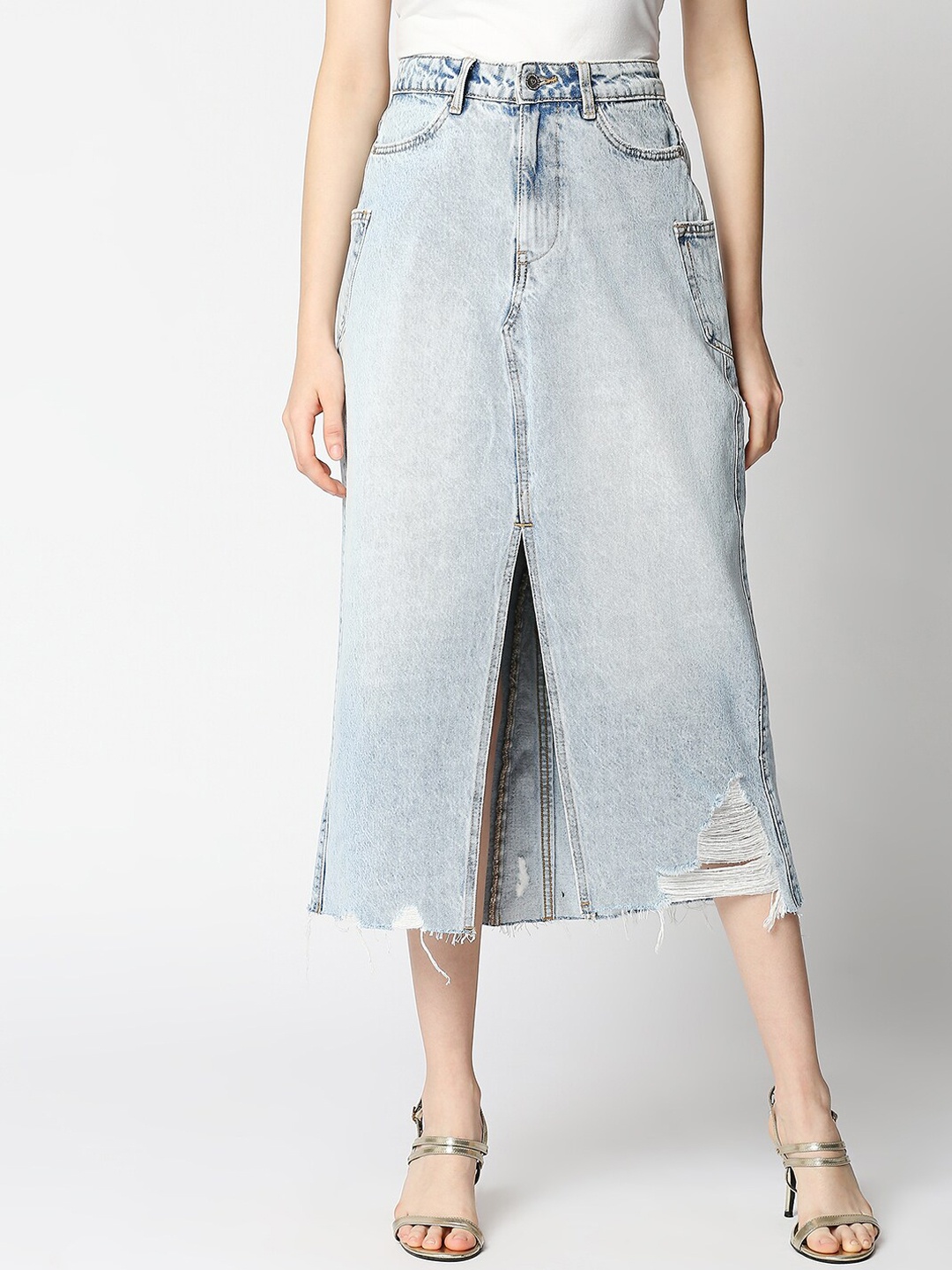 

LOVEGEN Women Blue Solid Pure Cotton Prague A -Line Long Denim Skirt