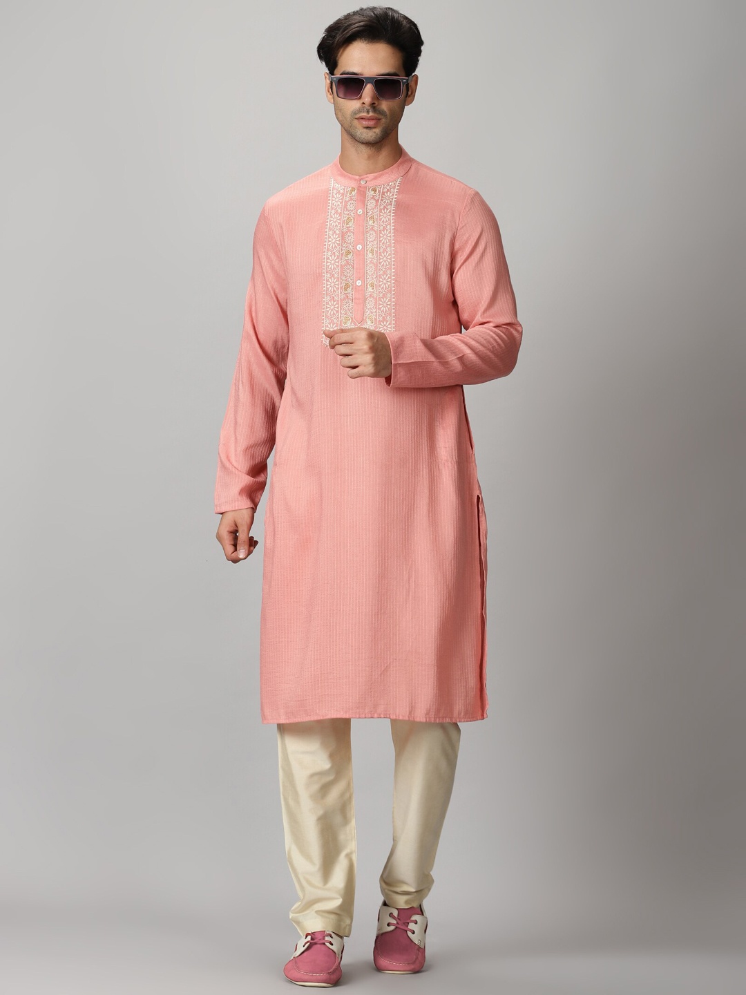 

Saffron Threads Men Peach-Coloured Art Silk Kurta with Lucknowi Chikankari Embroidery