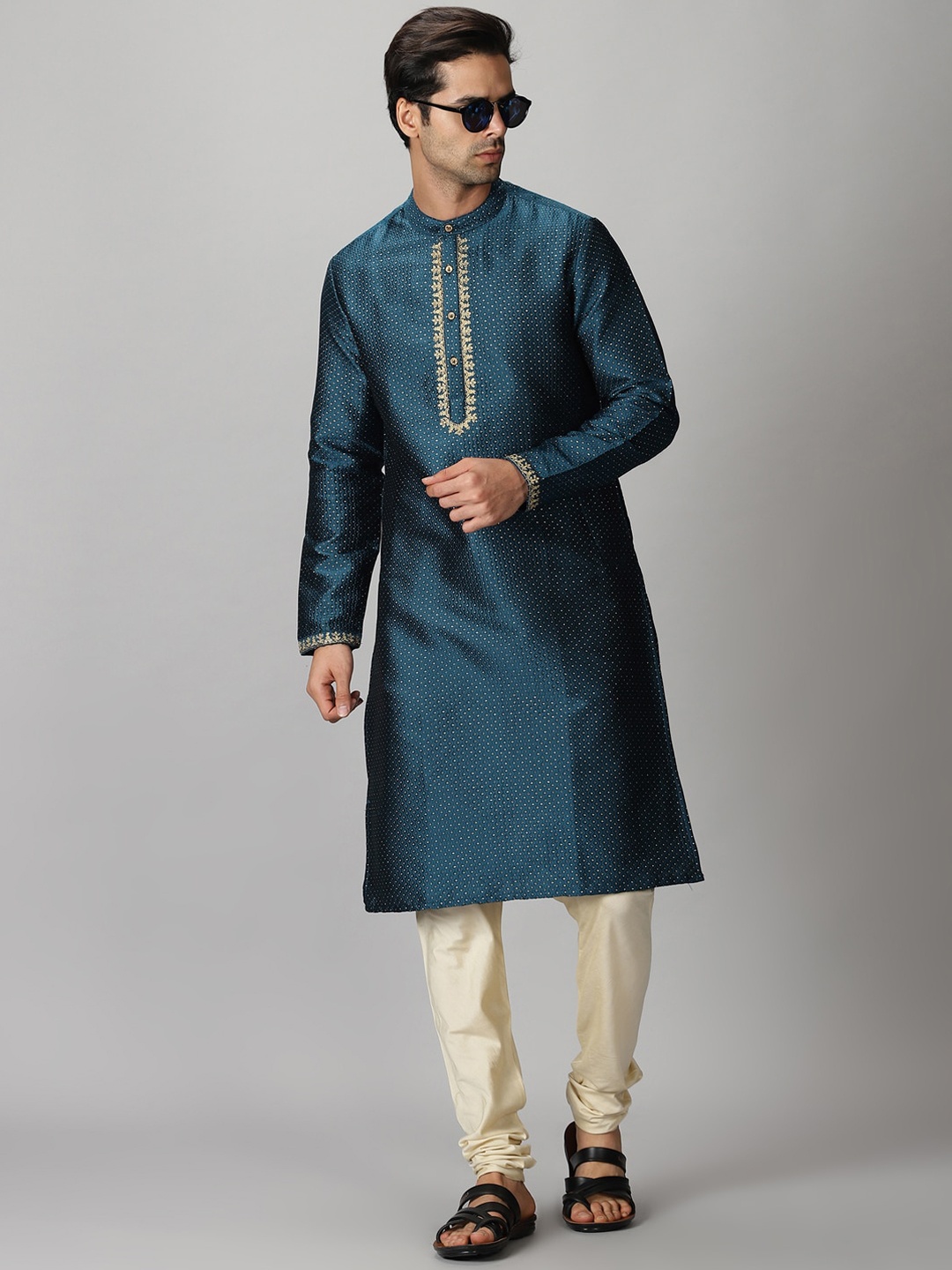 

Saffron Threads Men Teal Art Silk Jacquard Kurta with Zari Neck Embroidery