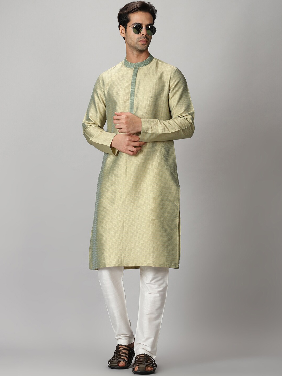 

Saffron Threads Men Green Jacquard Kurta with Embroidered Placket
