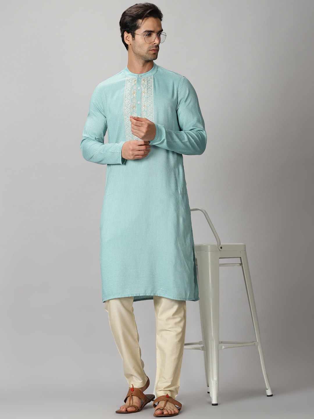 

Saffron Threads Men Blue Art Silk Striped Kurta with Lucknowi Chikankai Embroidery