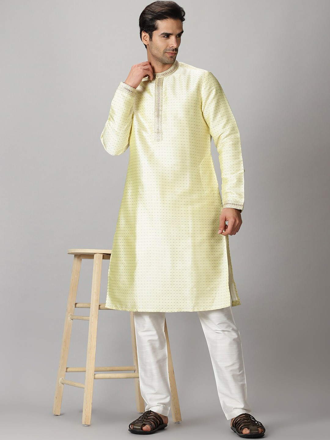 

Saffron Threads Men Yellow Mirror Work Embroidery Jacquard Kurta