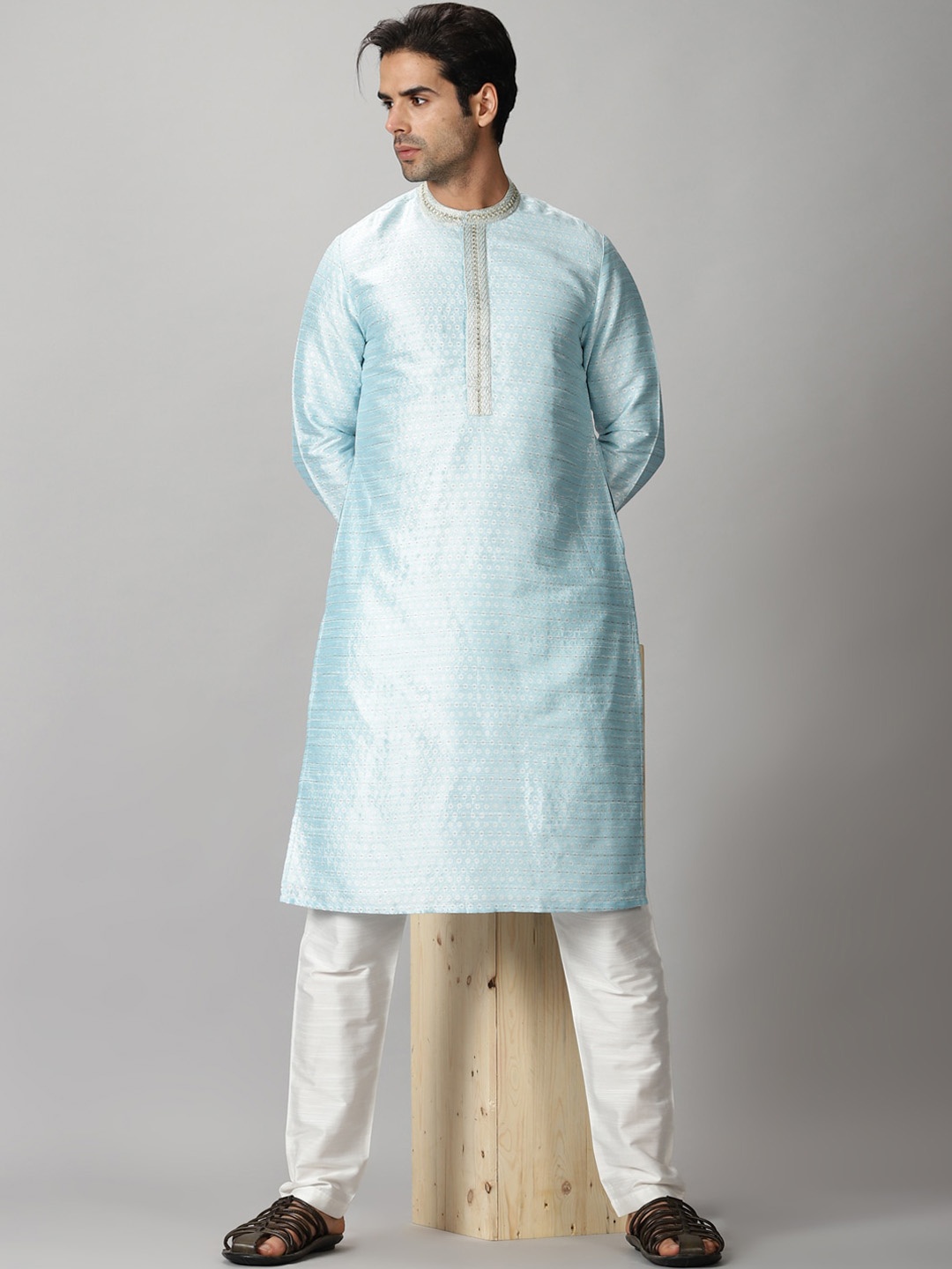 

Saffron Threads Men Blue Art Silk Jacquard Kurta with Mirror Embroidery