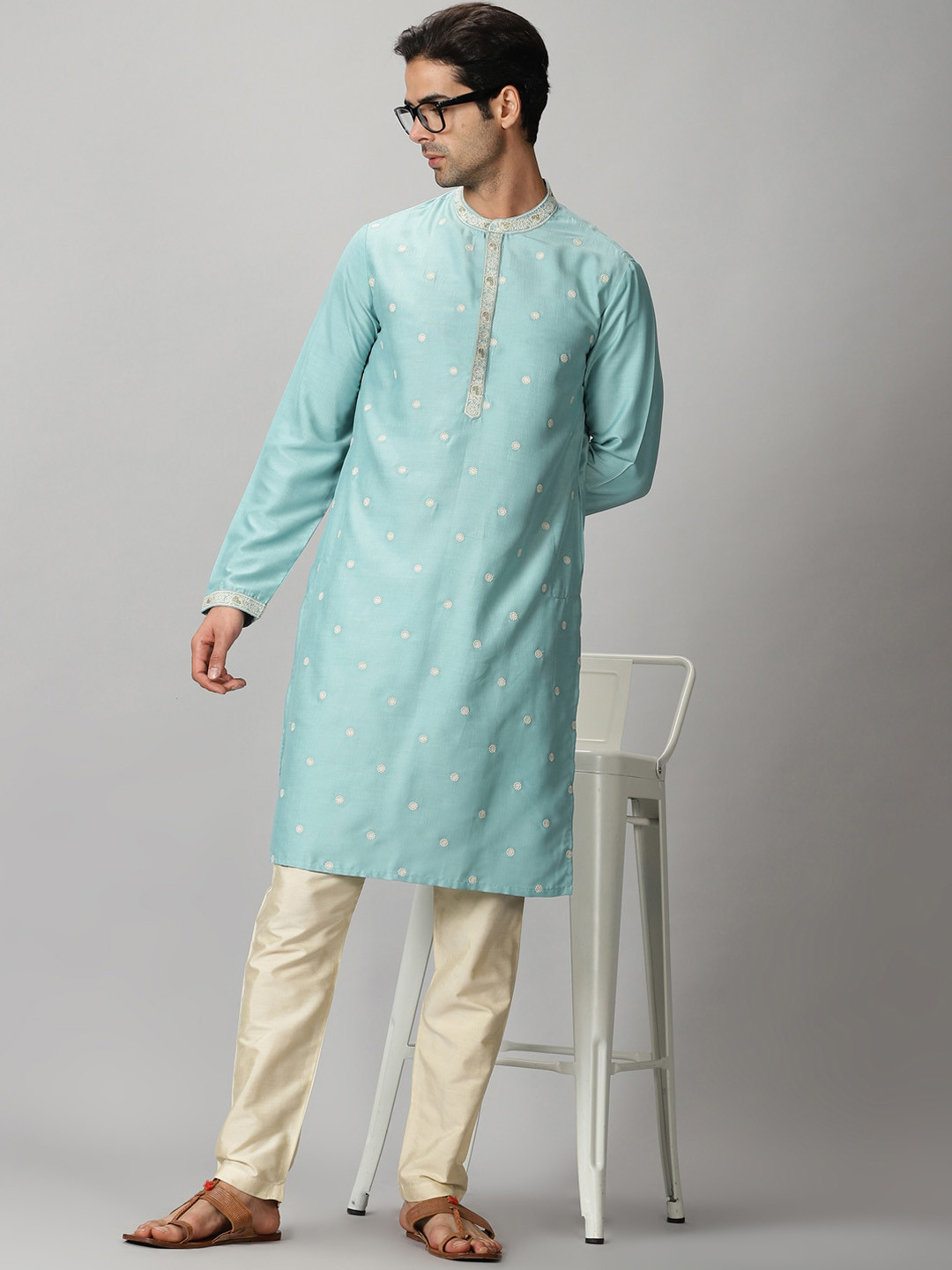 

Saffron Threads Men Blue Art Silk Lucknowi Chikankari Embroidered Kurta