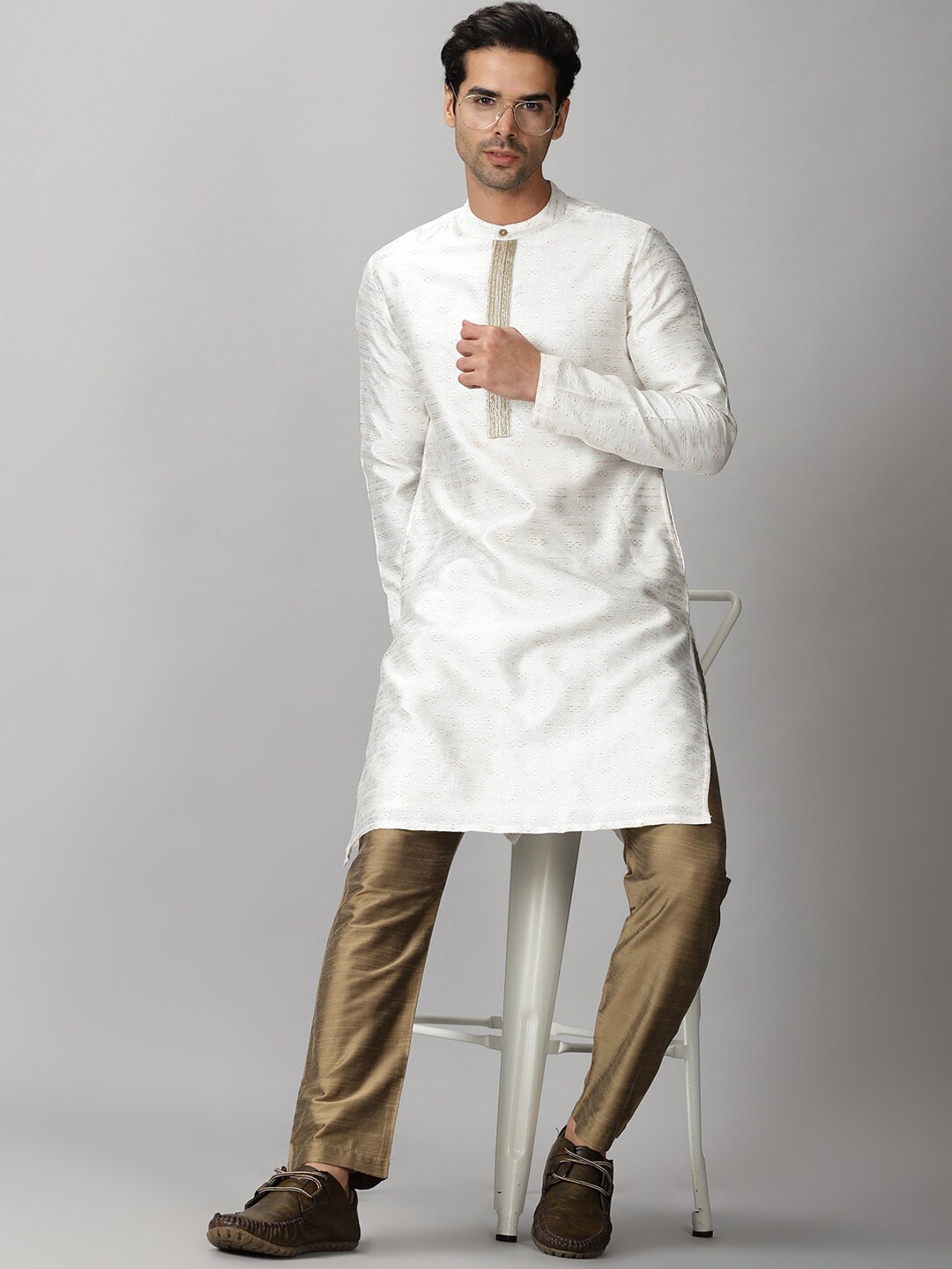 

Saffron Threads Men White Art Silk Jacquard Kurta with Zari Placket