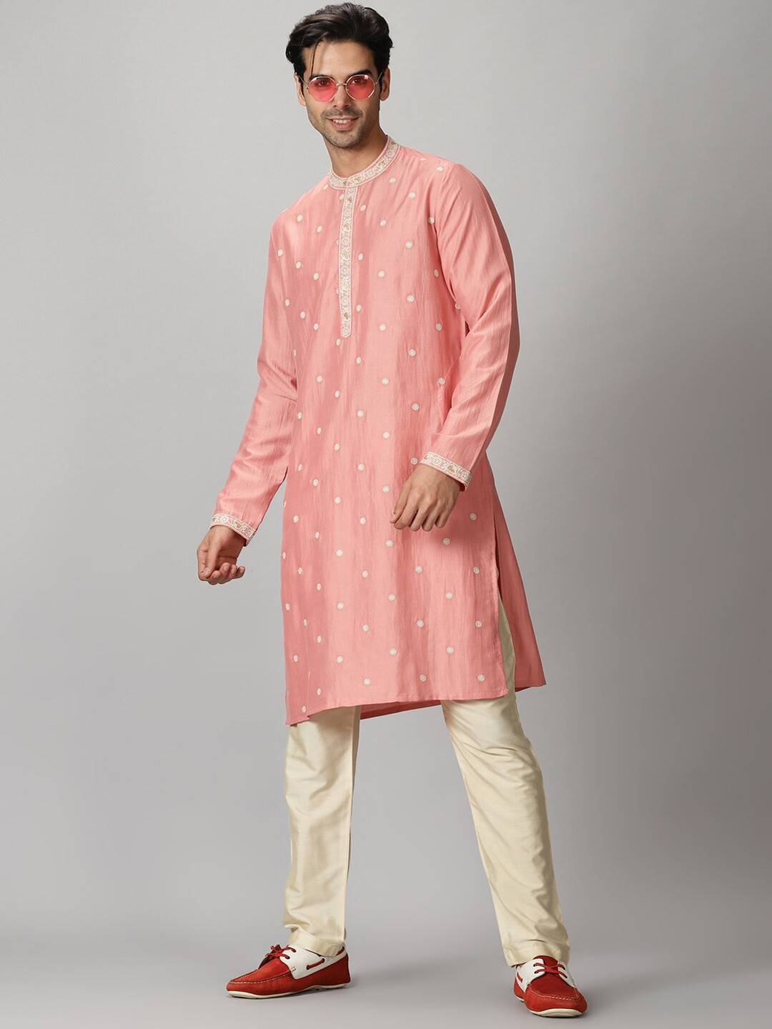 

Saffron Threads Men Peach-Coloured Art Silk Lucknowi Chikankari Embroidered Kurta