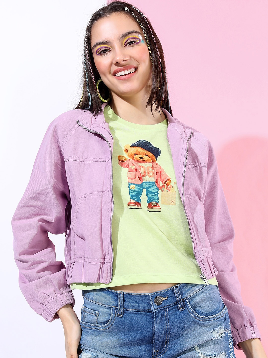 Tokyo Talkies Women Charming Purple Solid Bomber Jacket
