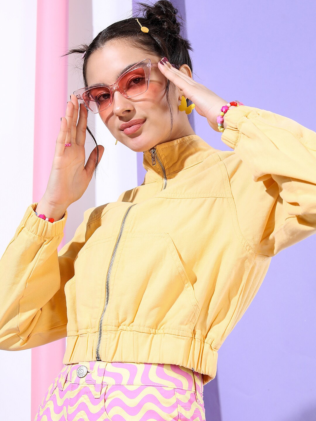 

Tokyo Talkies Women Yellow Solid Bomber Jacket