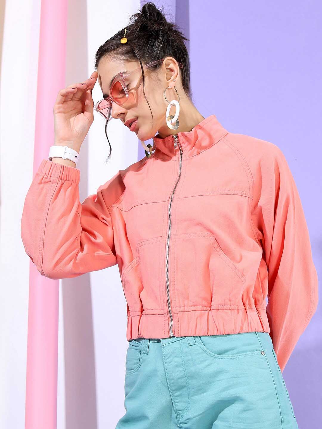 

Tokyo Talkies Women Elegant Coral Solid Bomber Jacket